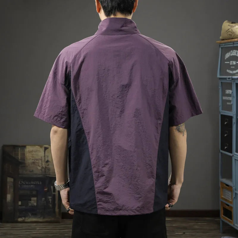 Men's brown half-zip stand collar business shirt with short sleeves and loose fit for summer
