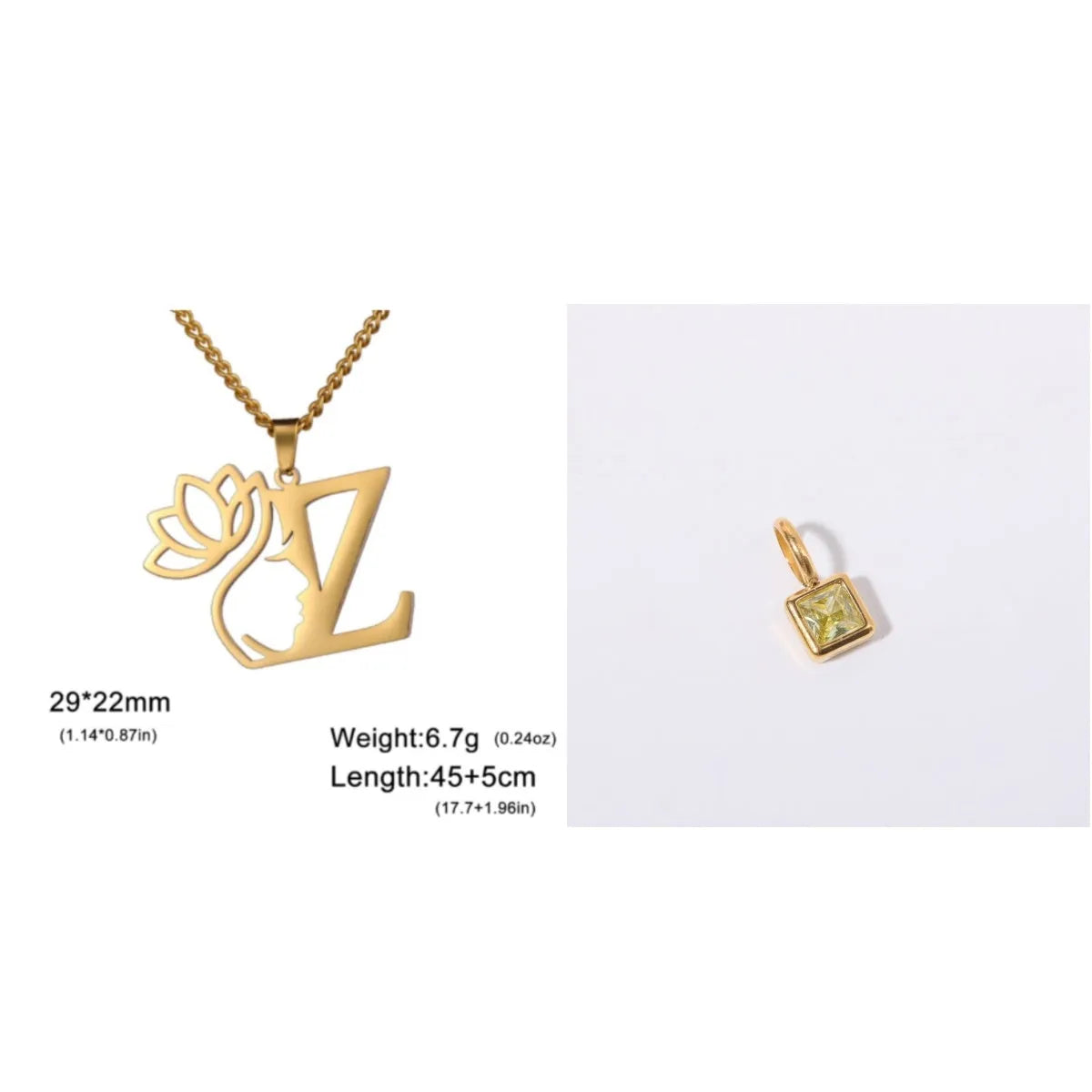 Stainless steel necklace with a single alphabet letter pendant on a cross chain, in gold or silver colour.