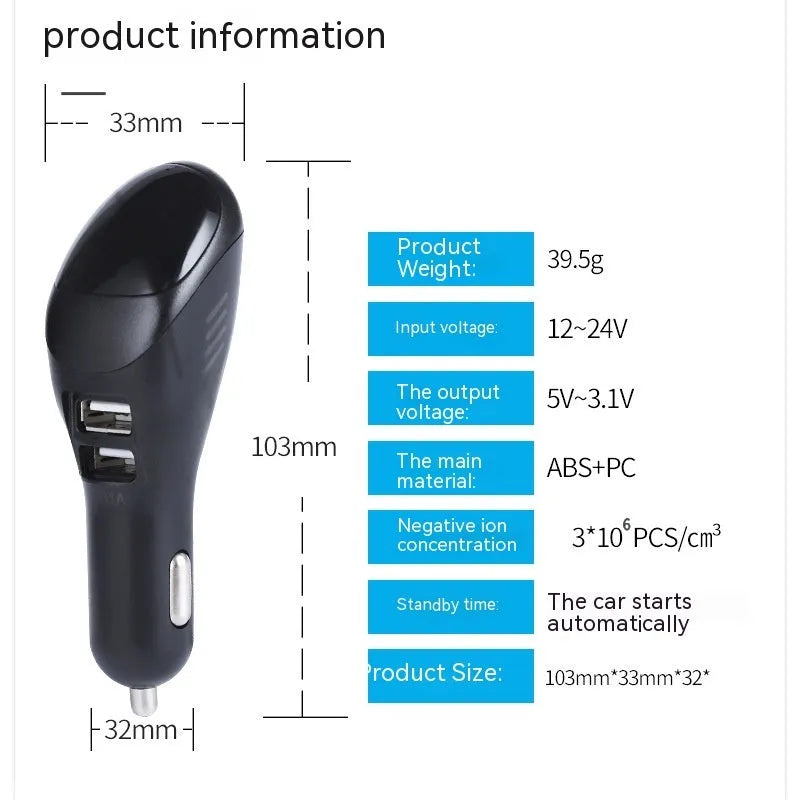 White car USB charger and negative ion air purifier with compact dimensions