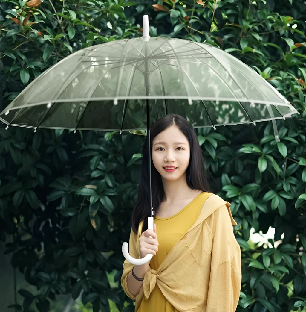 Big Long Handle 16 Rib Transparent Umbrella with POE Fabric Canopy Black Steel Skeleton ABS Plastic Handle for Rain Protection Black White Colour Options