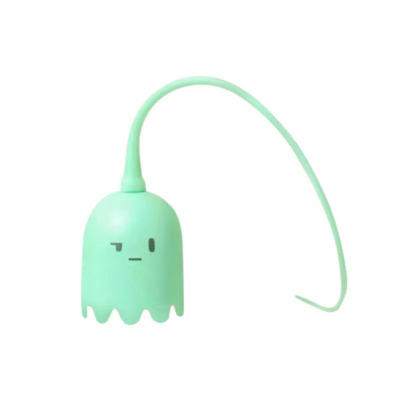 Automatic electronic cat wand toy with swinging silicone tail on a green background