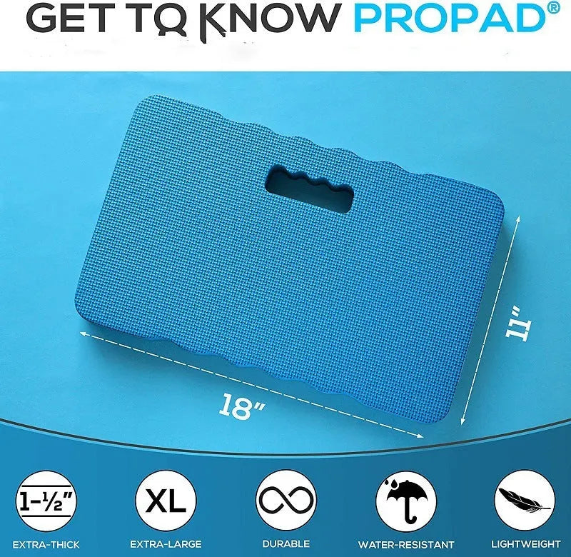 Blue plastic garden kneeler mat on grass, showing dimensions for comfortable kneeling while gardening.