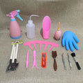 Succulent gardening tool set showing watering can, tweezers, mini shovel and brush for small plant care