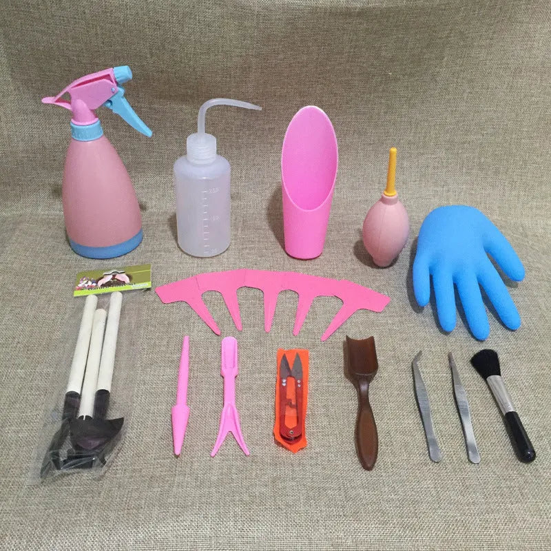 Succulent gardening tool set showing watering can, tweezers, mini shovel and brush for small plant care