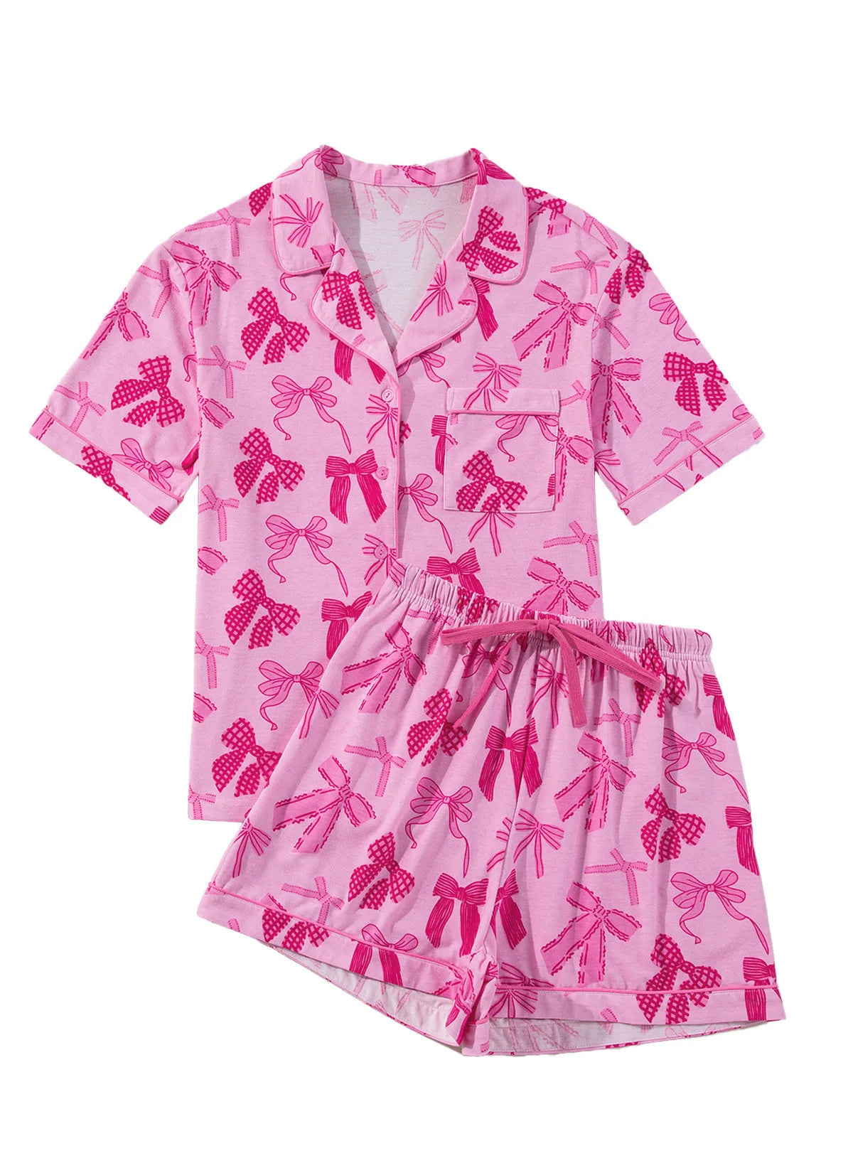 Women's pink bow print two-piece pajama set with top and trousers on a hanger.