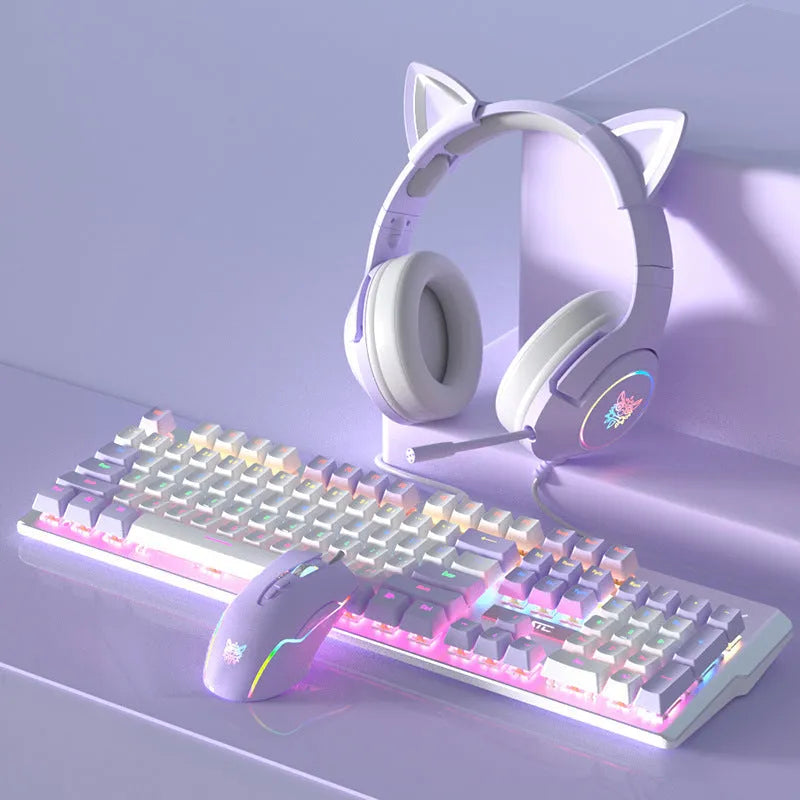 Purple and white mechanical keyboard and mouse wired set with backlight illumination on desktop