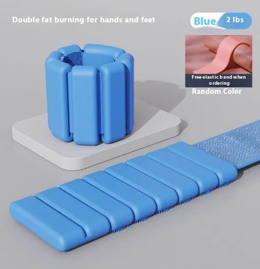 Silicone fitness bracelet with Velcro strap shown in pink, black, grey, and blue colours, with 1lb and 2lb weight options.