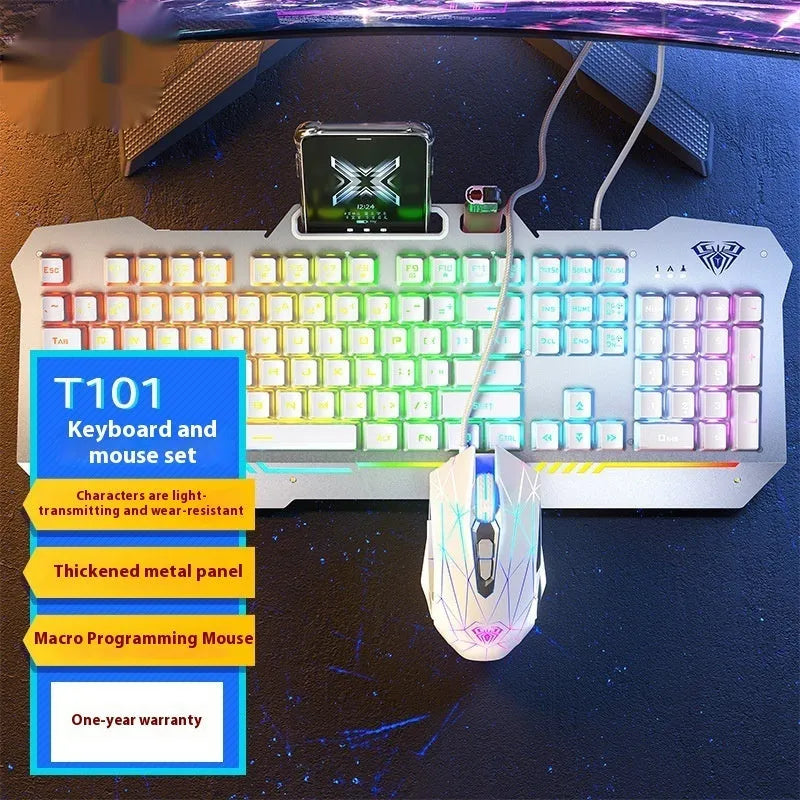 F3010 black and white metal gaming keyboard, mouse, and headset bundle with single-colour LED backlighting.