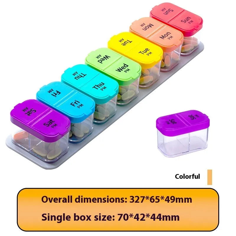 Large portable pill dispenser with 14 compartments showing disassembling function in white or rainbow colour