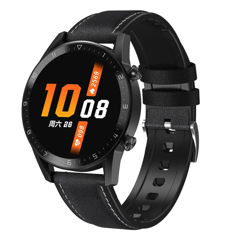 Sports smartwatch with black leather strap and 1.3-inch touchscreen displaying step count