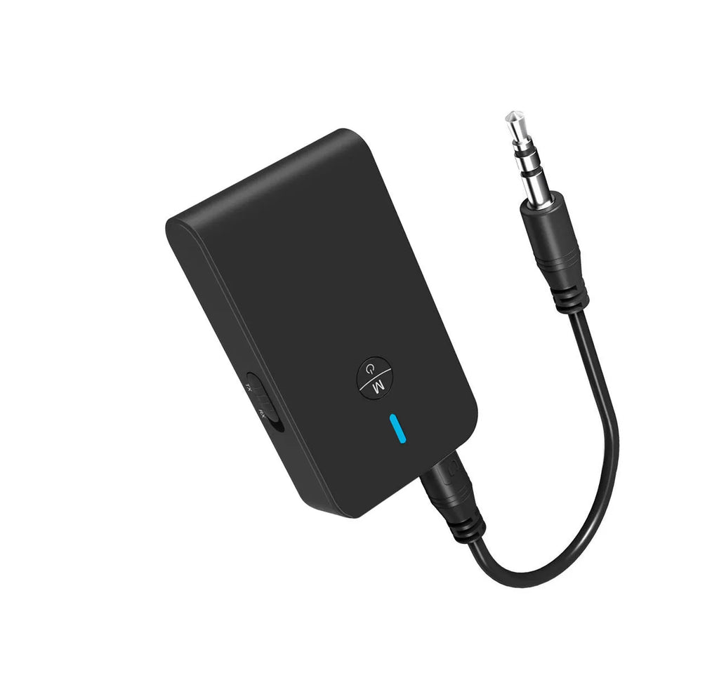 Black USB Bluetooth audio adapter with 3.5mm AUX plug for wireless streaming.