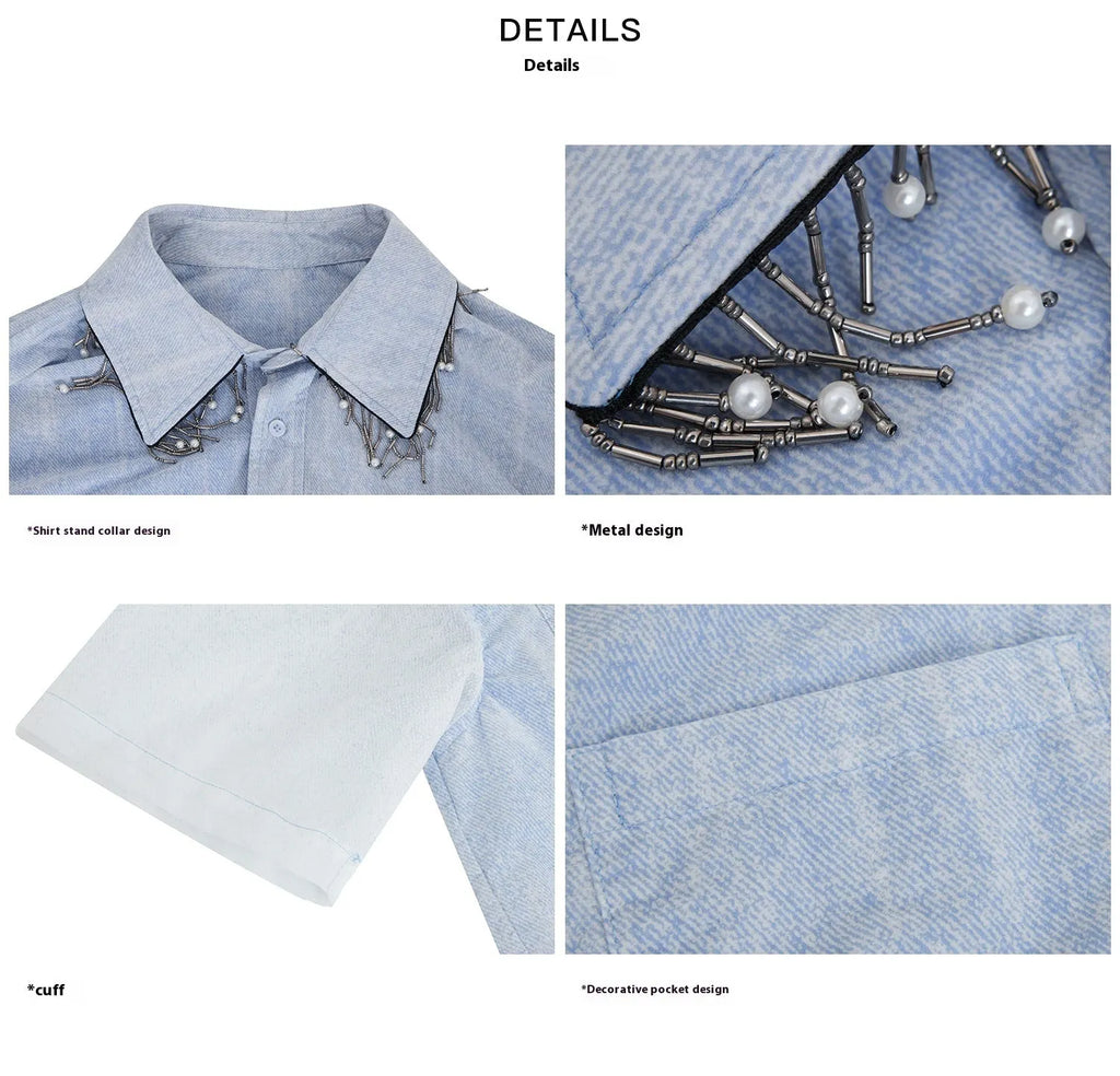 Men's blue and white gradient loose fit shirt with quilted texture and short sleeves