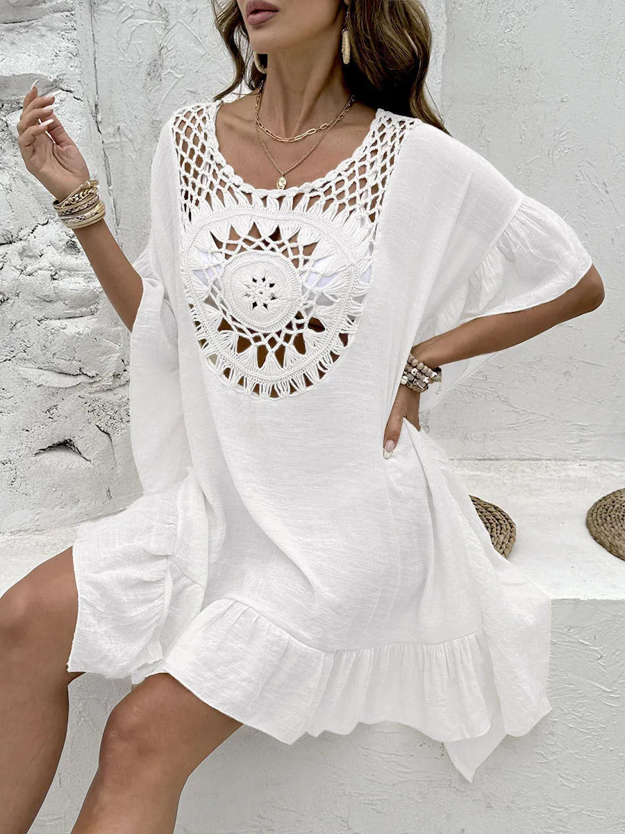 Beach crochet stitching dress swimsuit with patchwork skirt design in four colour options