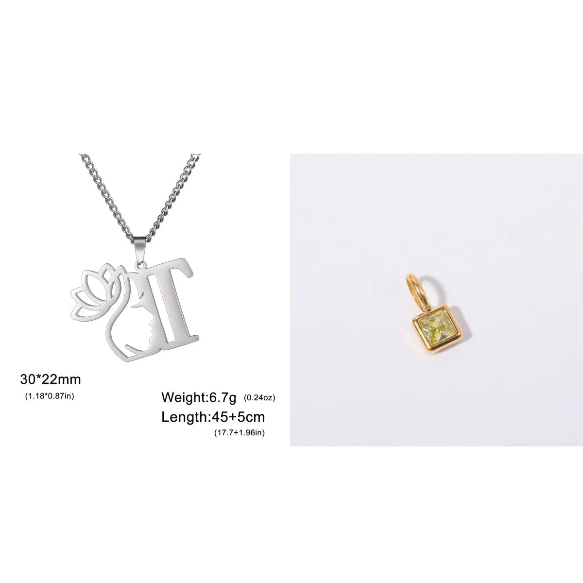 Stainless steel necklace with a single alphabet letter pendant on a cross chain, in gold or silver colour.