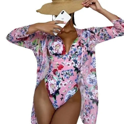 Women's floral print tight bikini and matching cover-up set in a choice of seven colours.