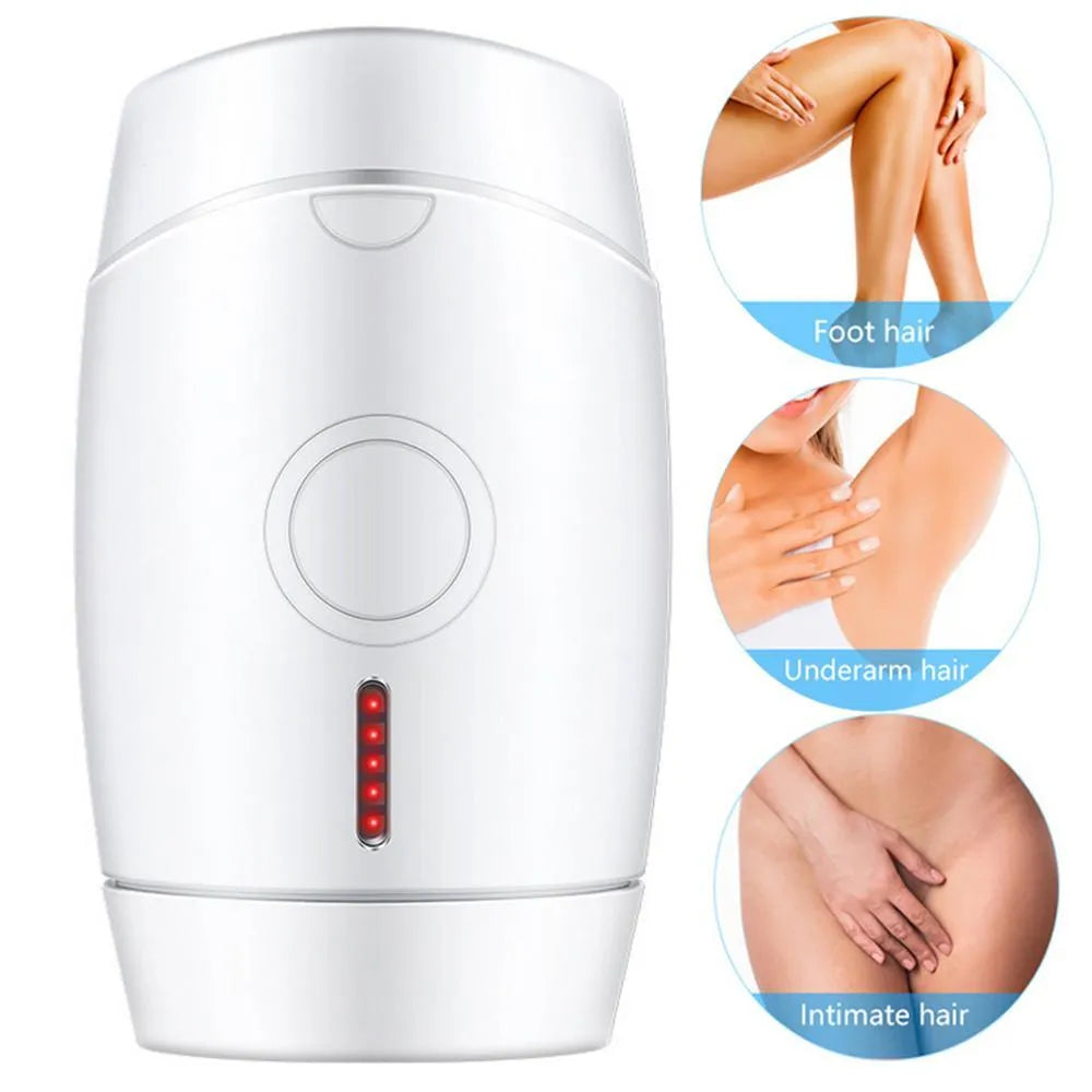 White home laser hair removal device with display screen and power adapter on a plain background.