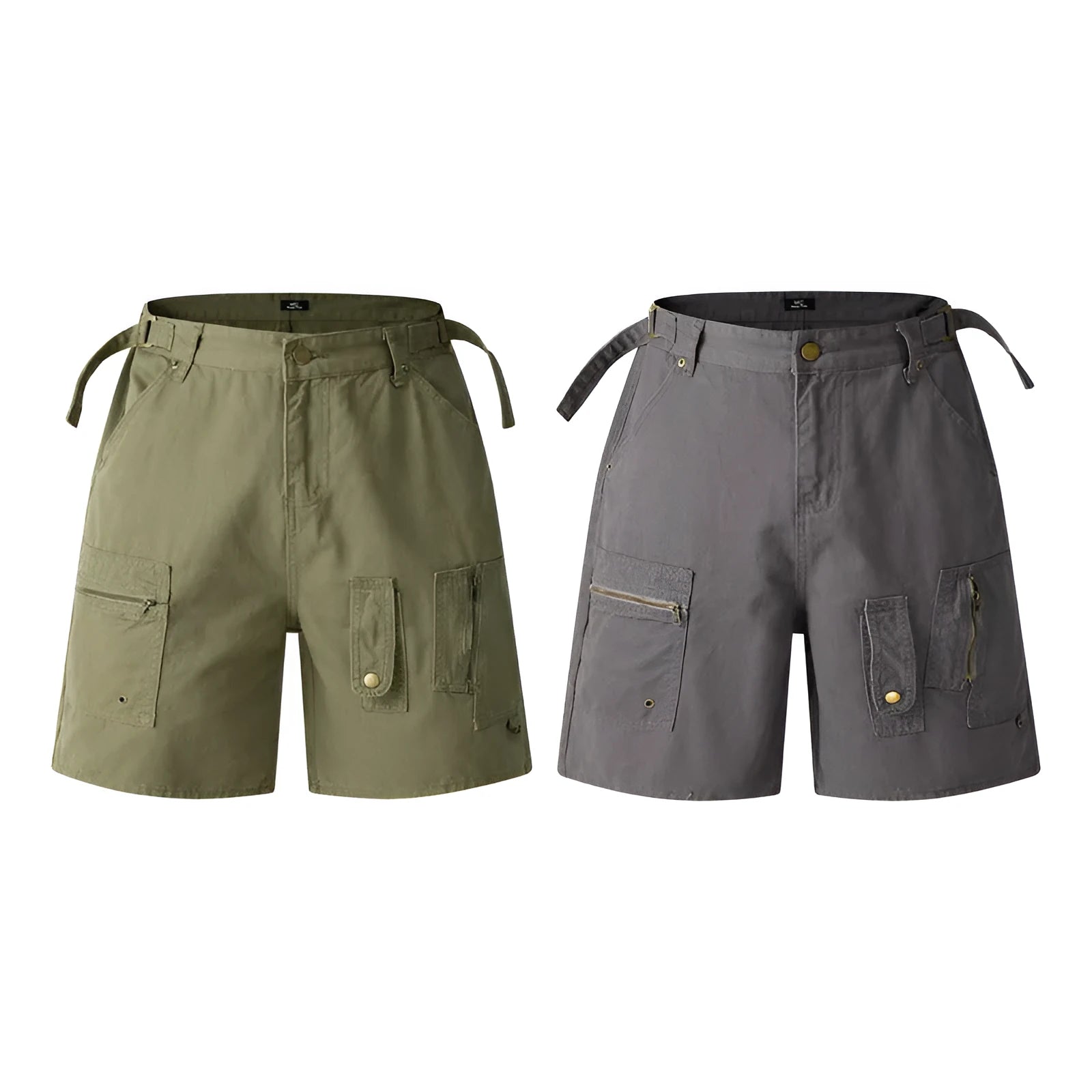 Retro washed cotton shorts for men and women in a loose fit with a zipper, shown in available colours.