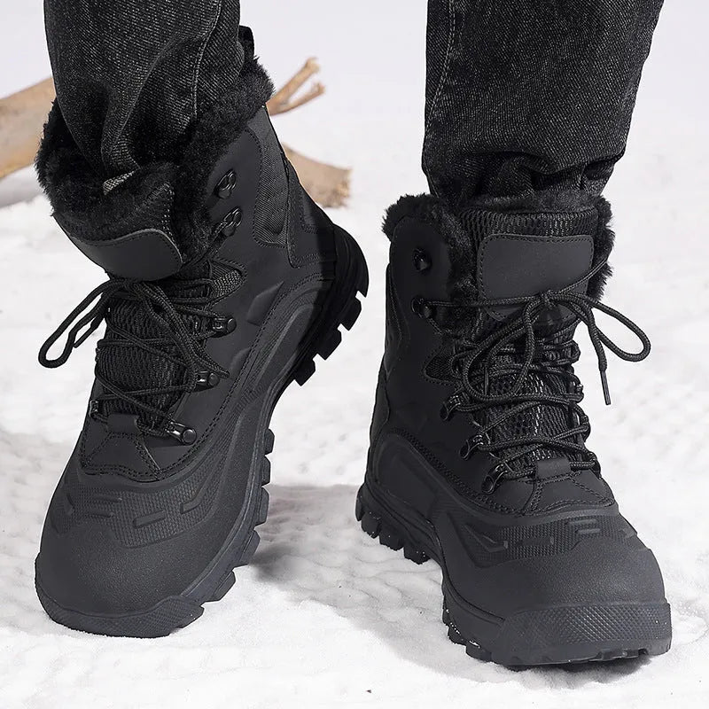 Men's black high-top boots with fleece lining, flat heel, and lace-up front