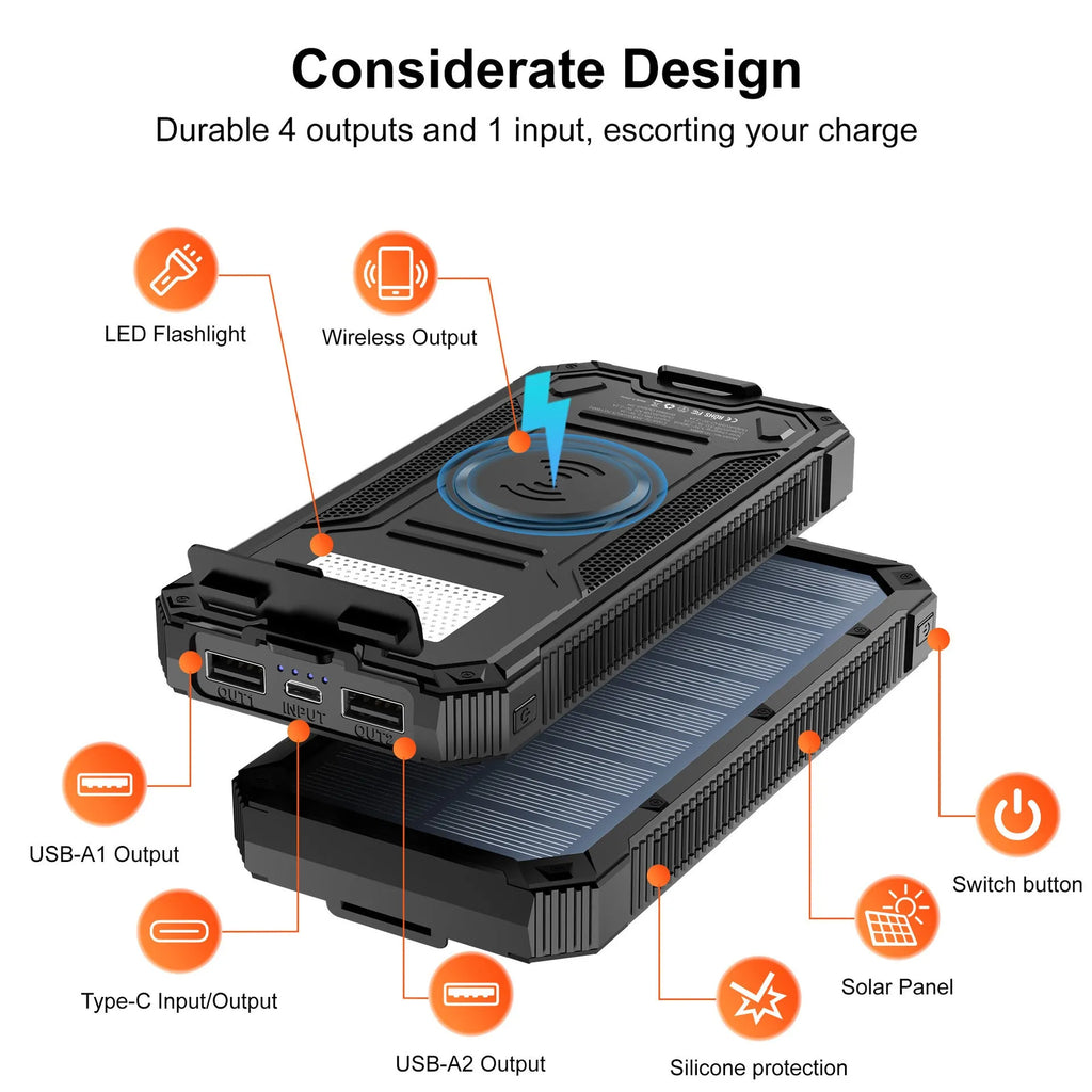 Outdoor solar charging unit 20000mAh wireless charger in orange plastic shell