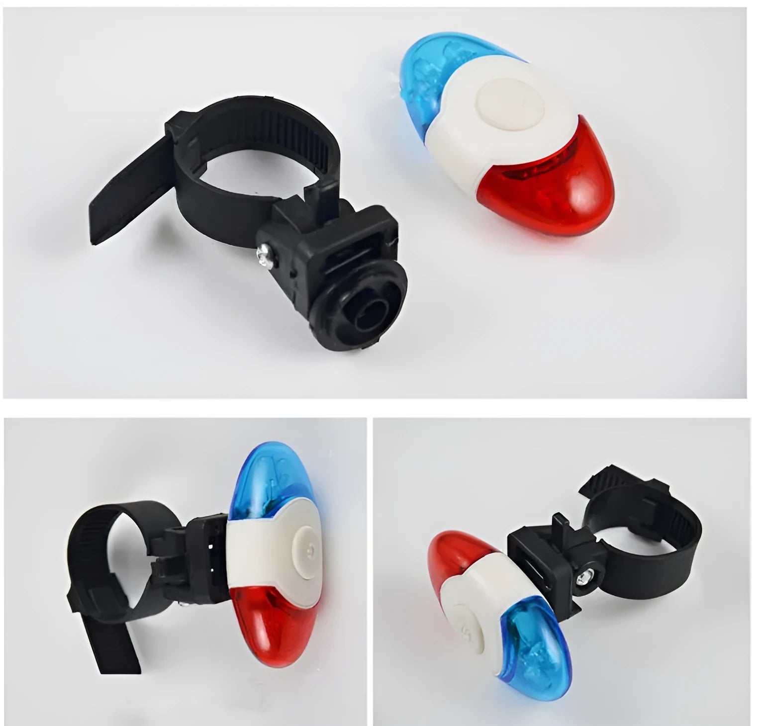 Red and blue LED bicycle tail light with adjustable mounting base shown in horizontal and vertical positions.