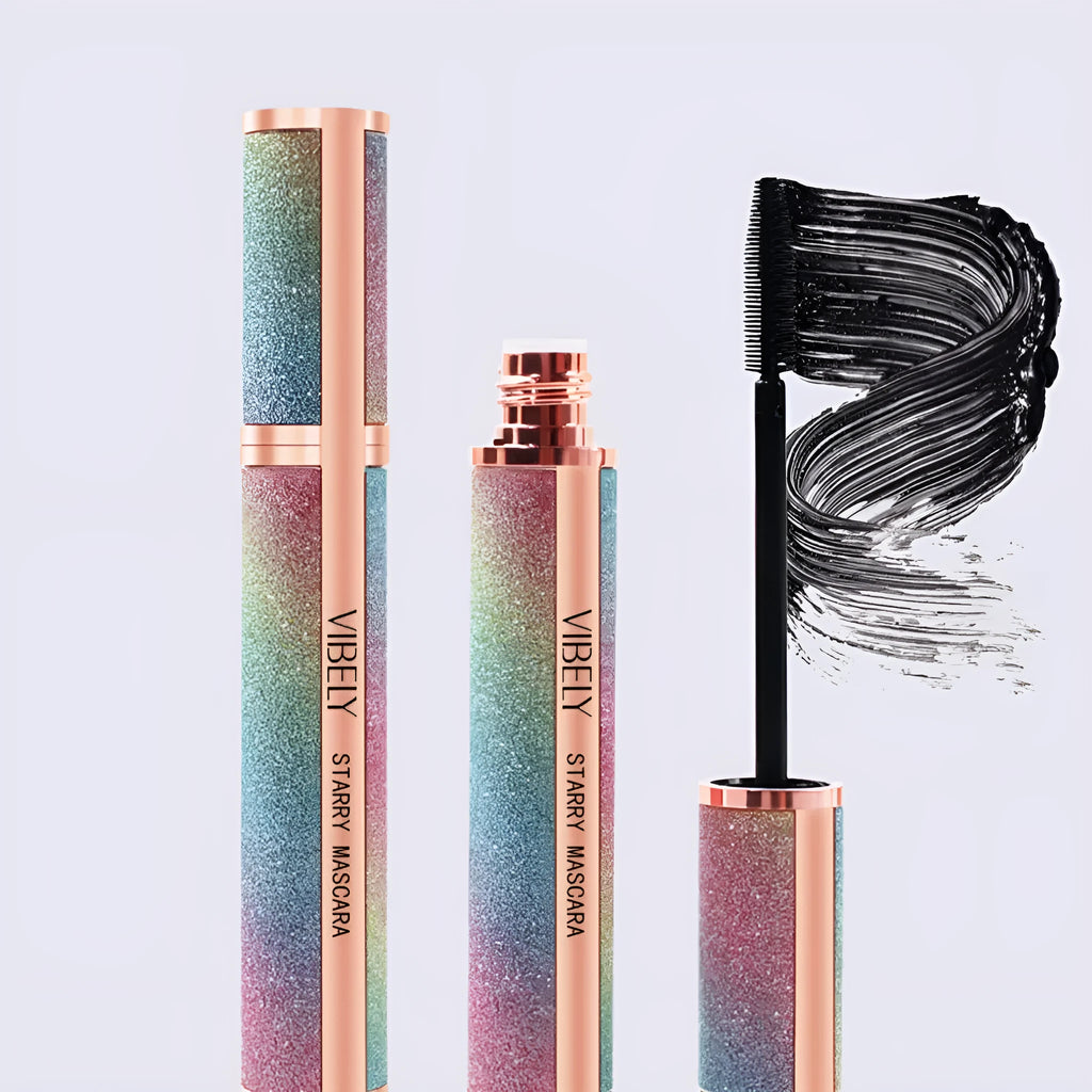 Black waterproof mascara with wand for long thick curling eyelashes in English packaging