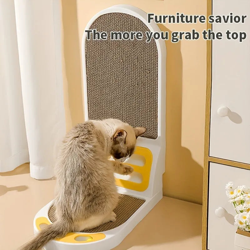 Grey L-shaped vertical cat scratching board with sisal rope, showing tall post and stable base.