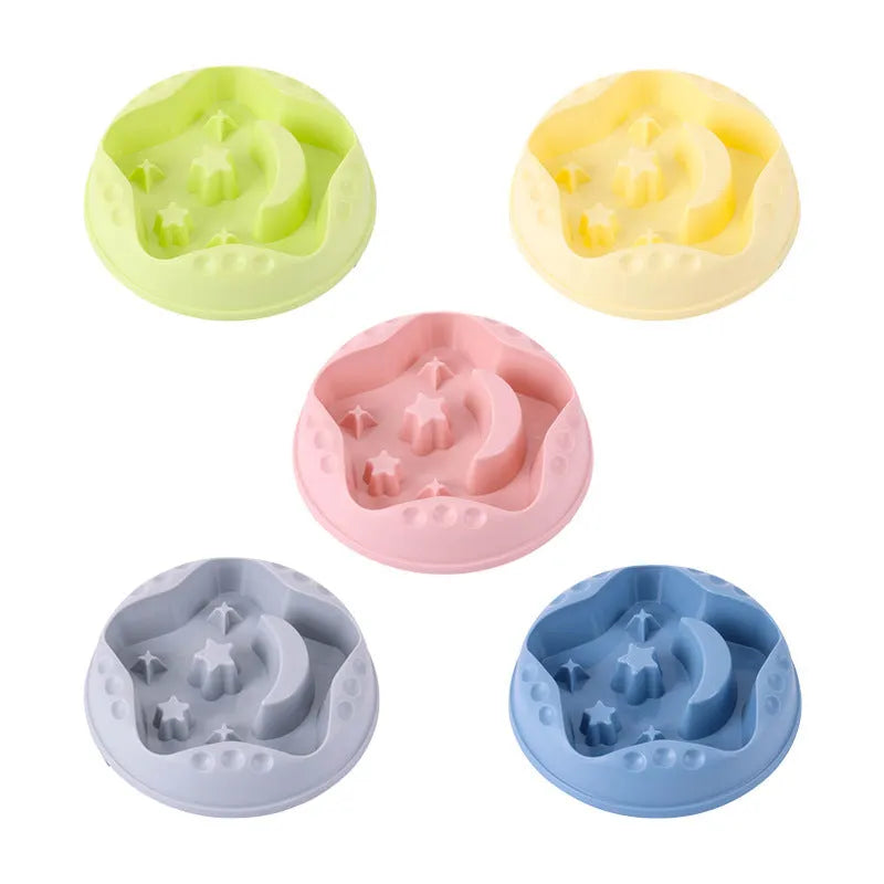 Moon Star Wings ceramic dog slow feeder bowl with raised centre ring and non-slip base in blue, grey, green, pink, or yellow.