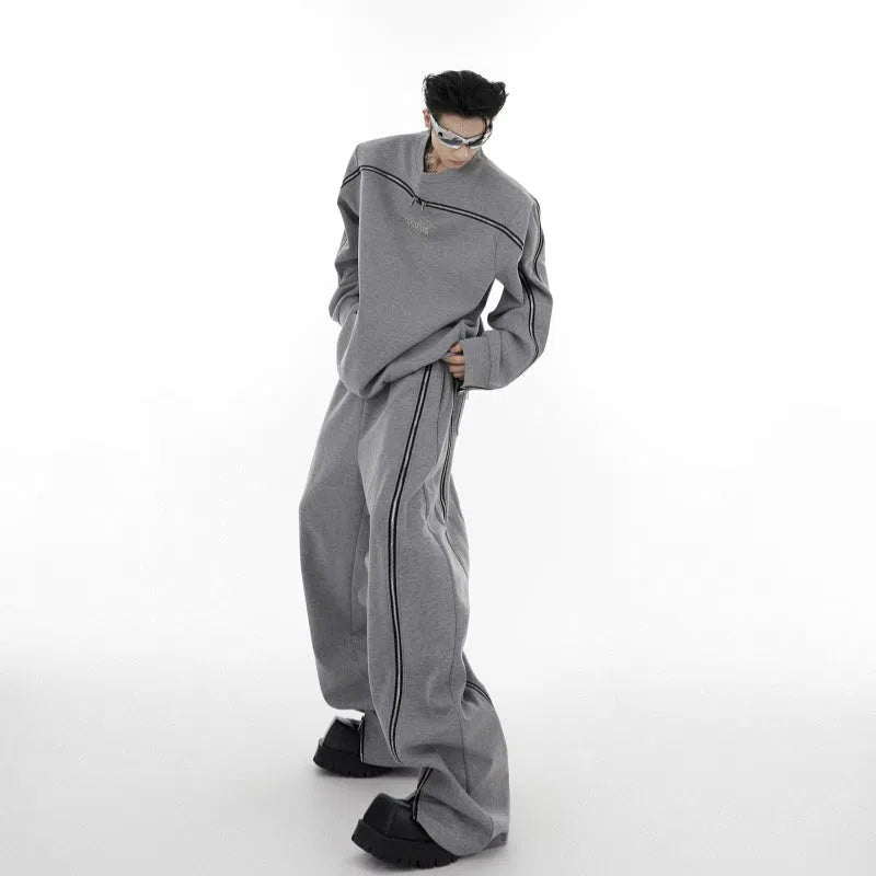 Men's full-body zip padded shoulder round neck tracksuit set in black and grey, loose fit