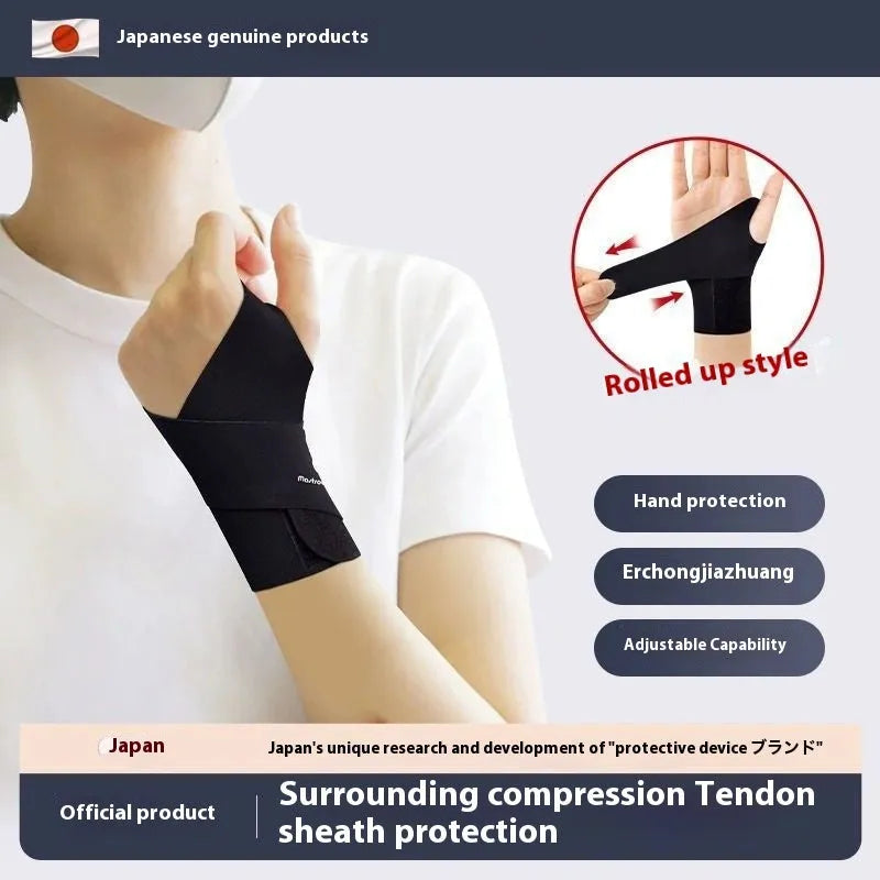 Adjustable black athletic wristguard worn on a wrist, suitable for sports like badminton and tennis.