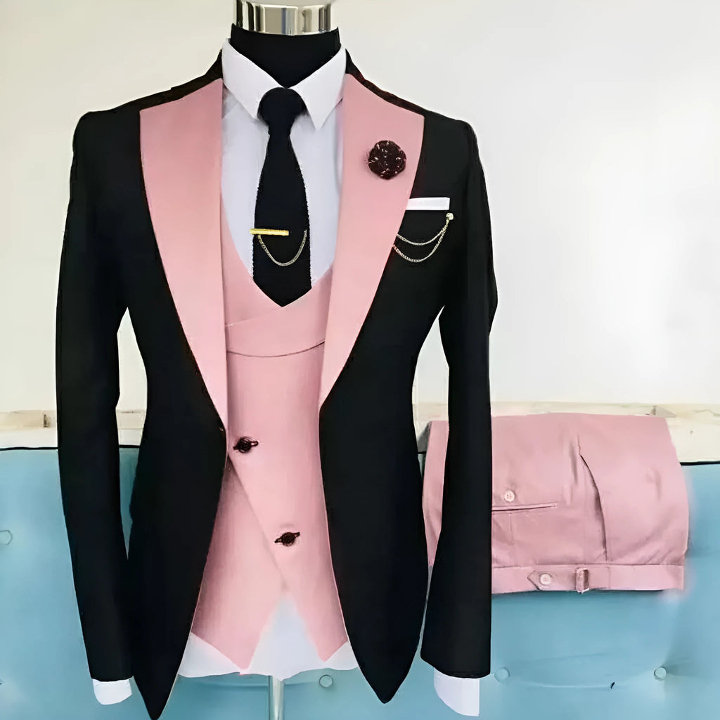 Men's slim fit three-piece business suit in black, shown with coat, vest, and trousers.