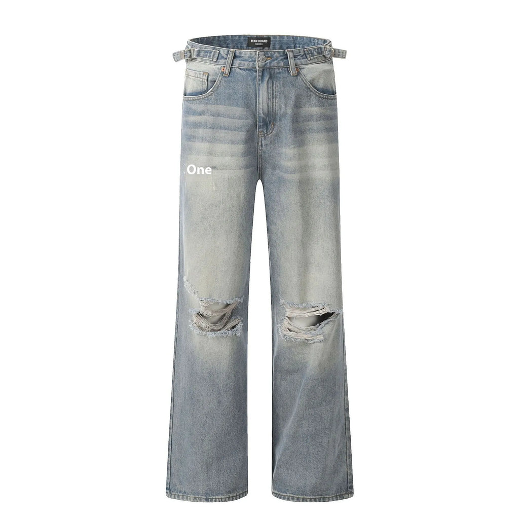 Men's blue straight-leg ripped jeans with zipper fly and retro styling in cotton blend fabric