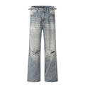 Men's blue straight-leg ripped jeans with zipper fly and retro styling in cotton blend fabric