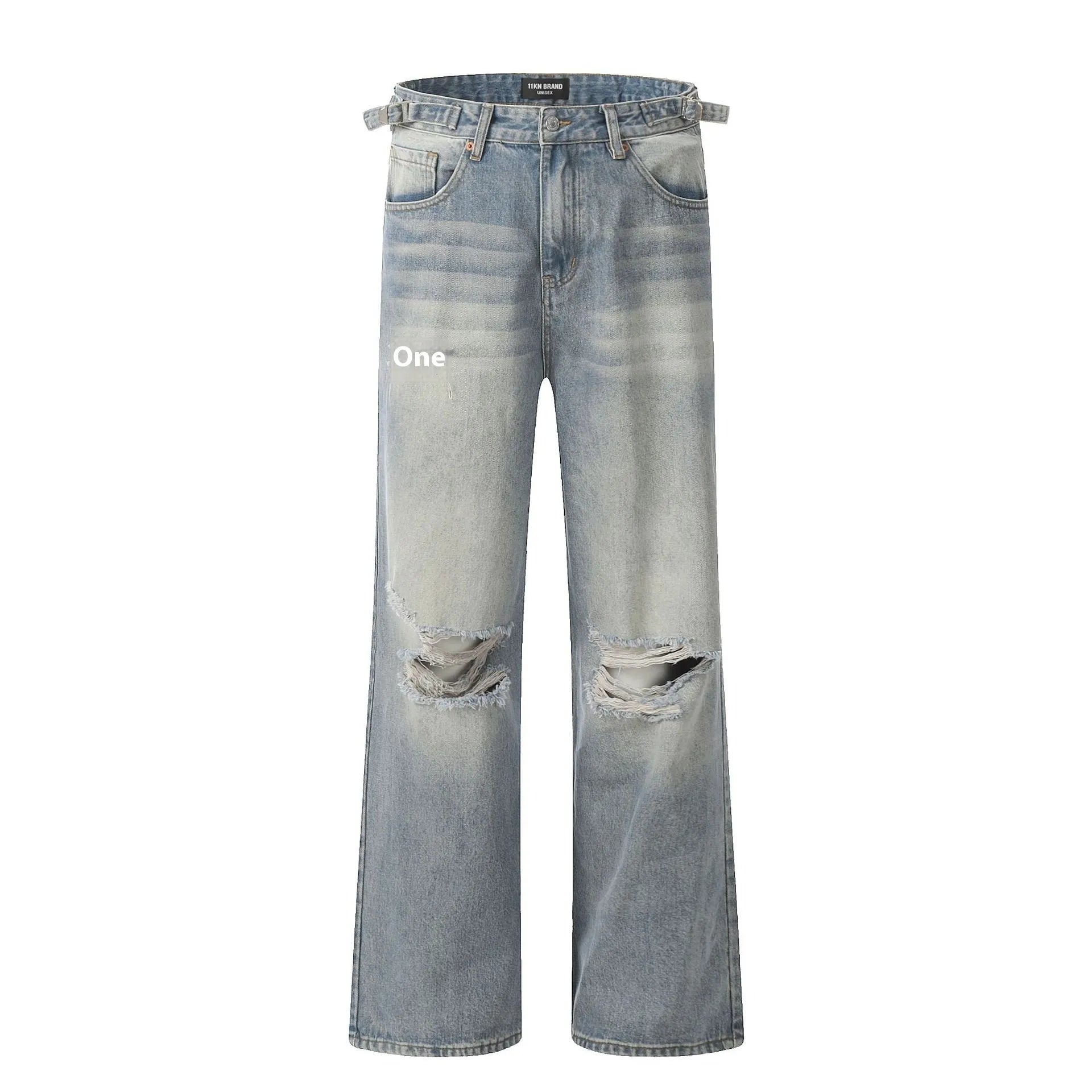 Men's blue straight-leg ripped jeans with zipper fly and retro styling in cotton blend fabric
