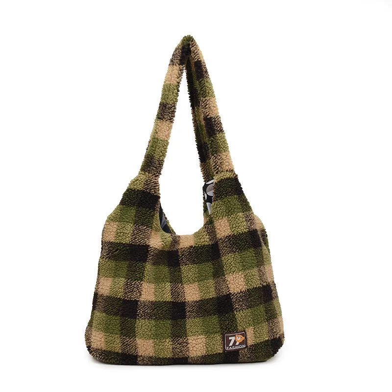 Women's plaid plush crossbody tote bag in Army Green, showing horizontal square shape and shoulder strap.