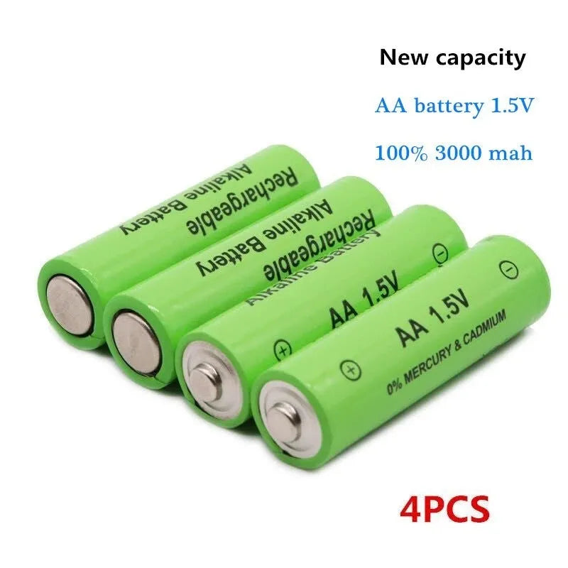 Pack of green AA alkaline rechargeable batteries with 3000mAh capacity and 1000 cycle rating.