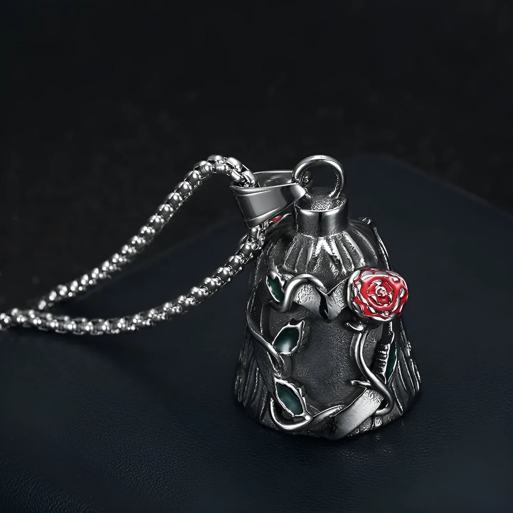Titanium steel motorcycle riding lucky bell with vintage polished finish and double-sided epoxy rose design