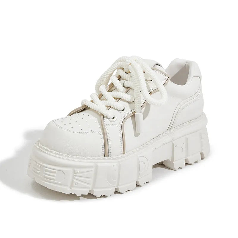 Women's beige muffin bottom casual leather shoes with foam rubber sole