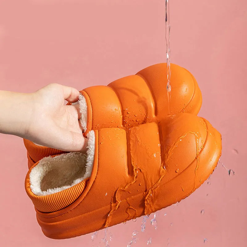 Waterproof couple cotton slippers in EVA material with non-slip sole and plush lining