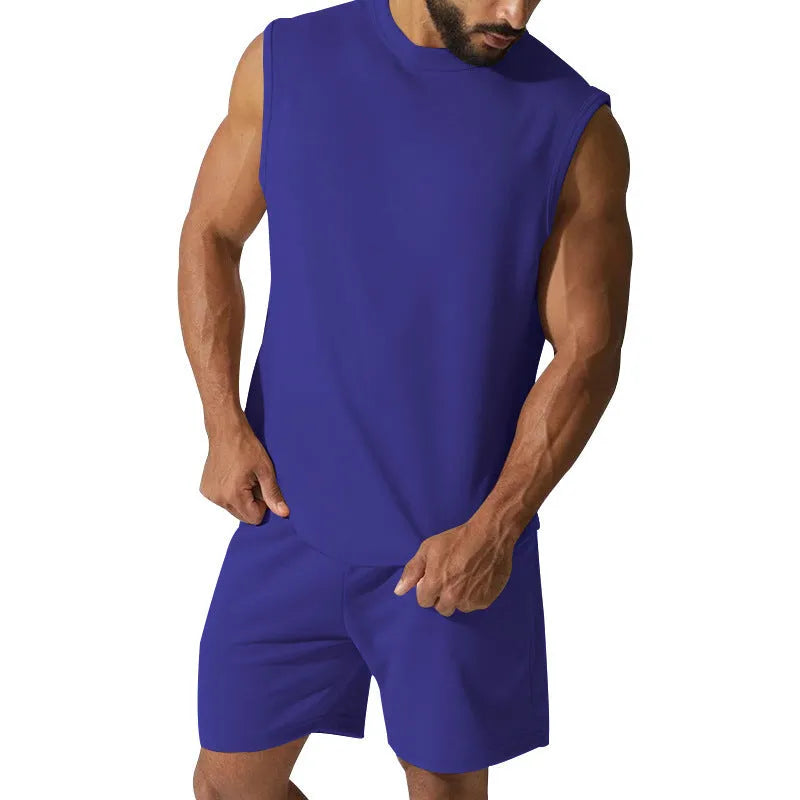 Men's sleeveless sports suit set in cotton blend fabric with matching shorts
