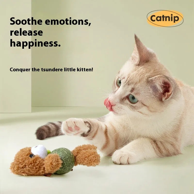 Plush catnip toy shaped as a character with bell, showing 15cm height with 4cm scent ball inside.