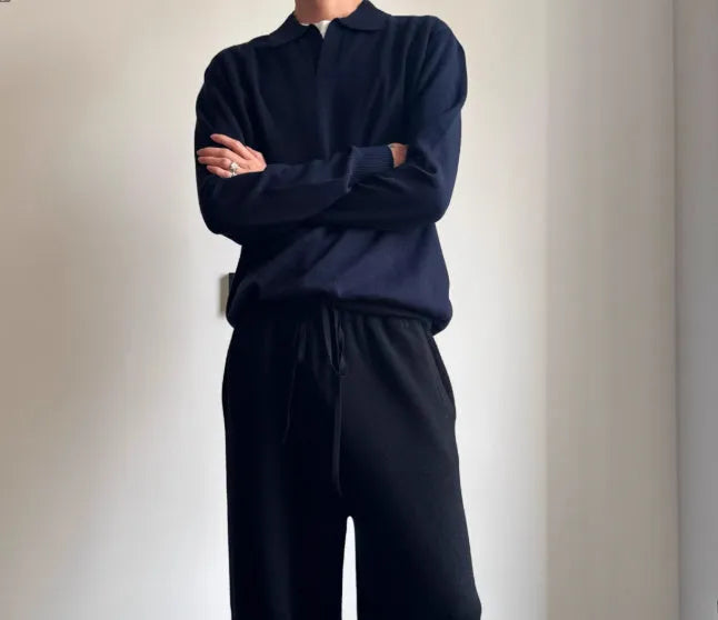 Pure wool POLO sweater with lapel collar and long sleeves in milky white colour