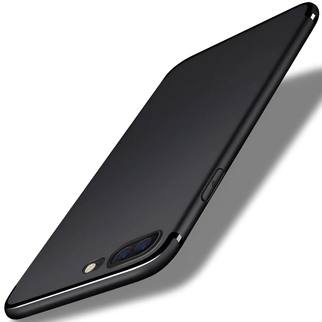 Flexible TPU silicone iPhone case for models 6, 7, 8, and X shown in black, blue, red, and white colour options.