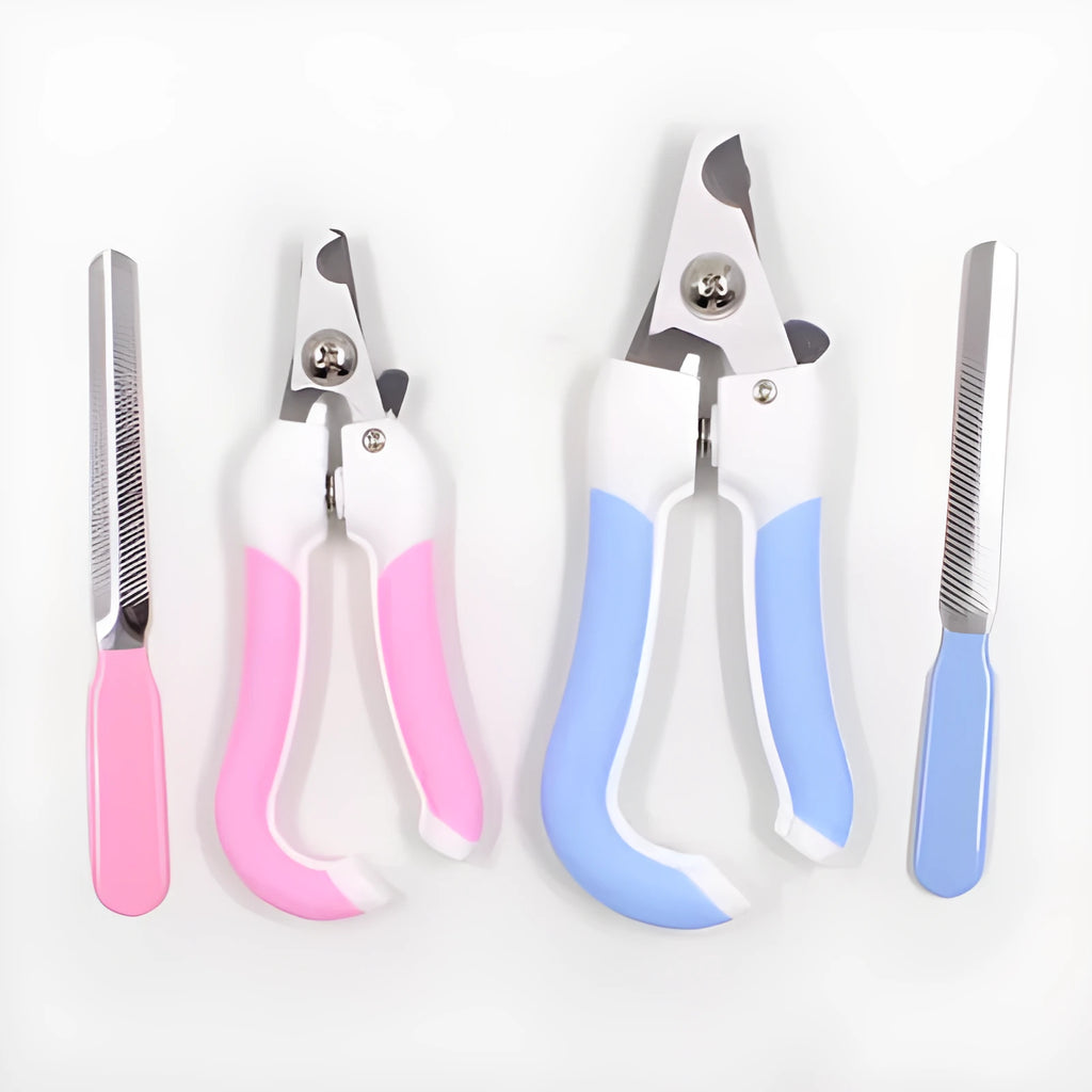Blue or pink pet nail clippers with stainless steel blades and rubber handle