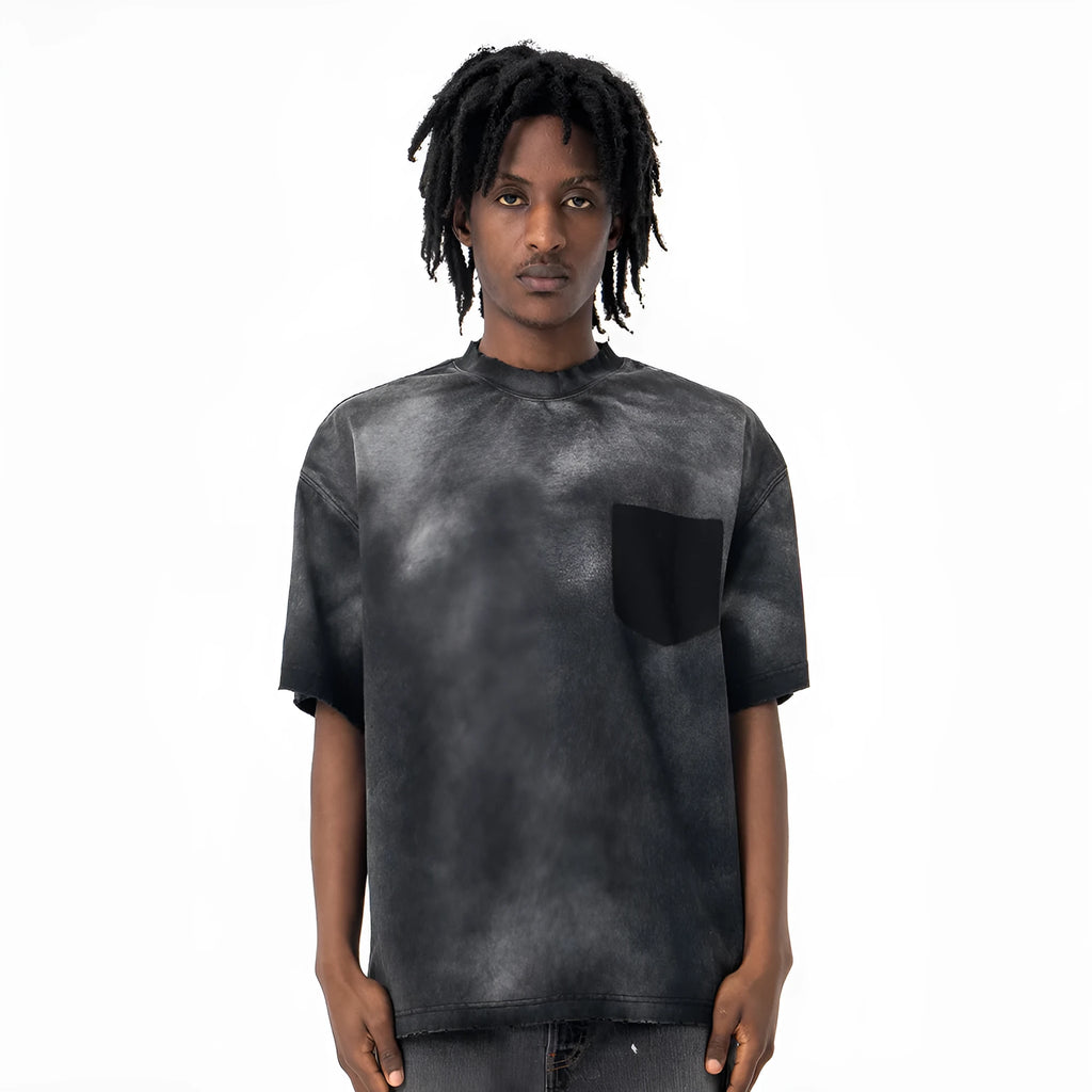 Black men's loose fit cotton t-shirt with printed letter design and drop-shoulder short sleeves