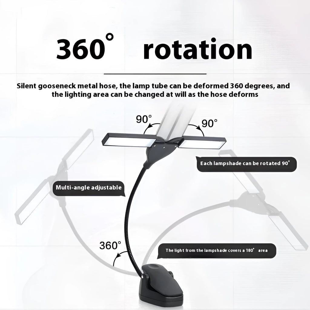 Rechargeable black music stand light with 28 lamps and USB cable on a music stand.
