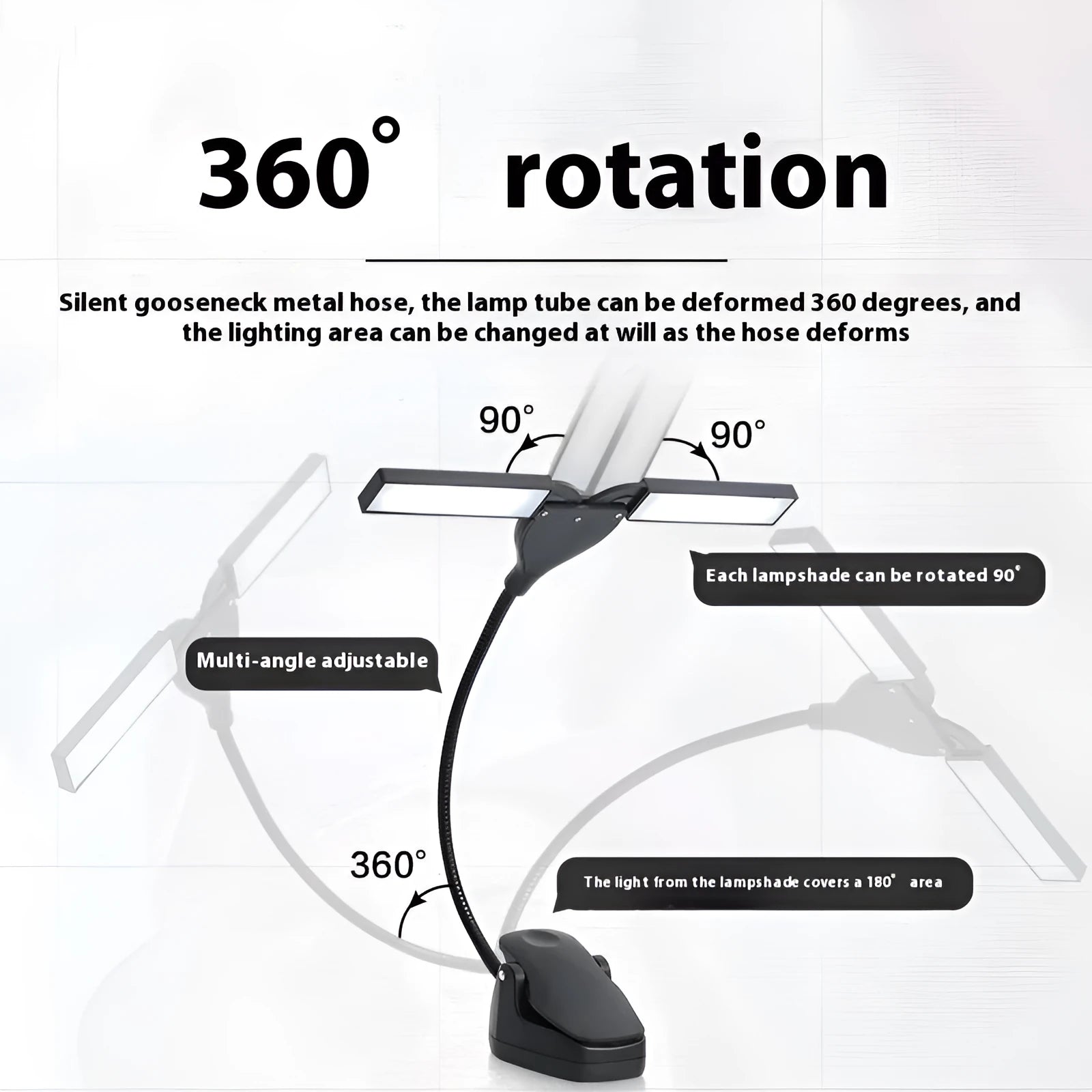 Rechargeable black music stand light with 28 lamps and USB cable on a music stand.