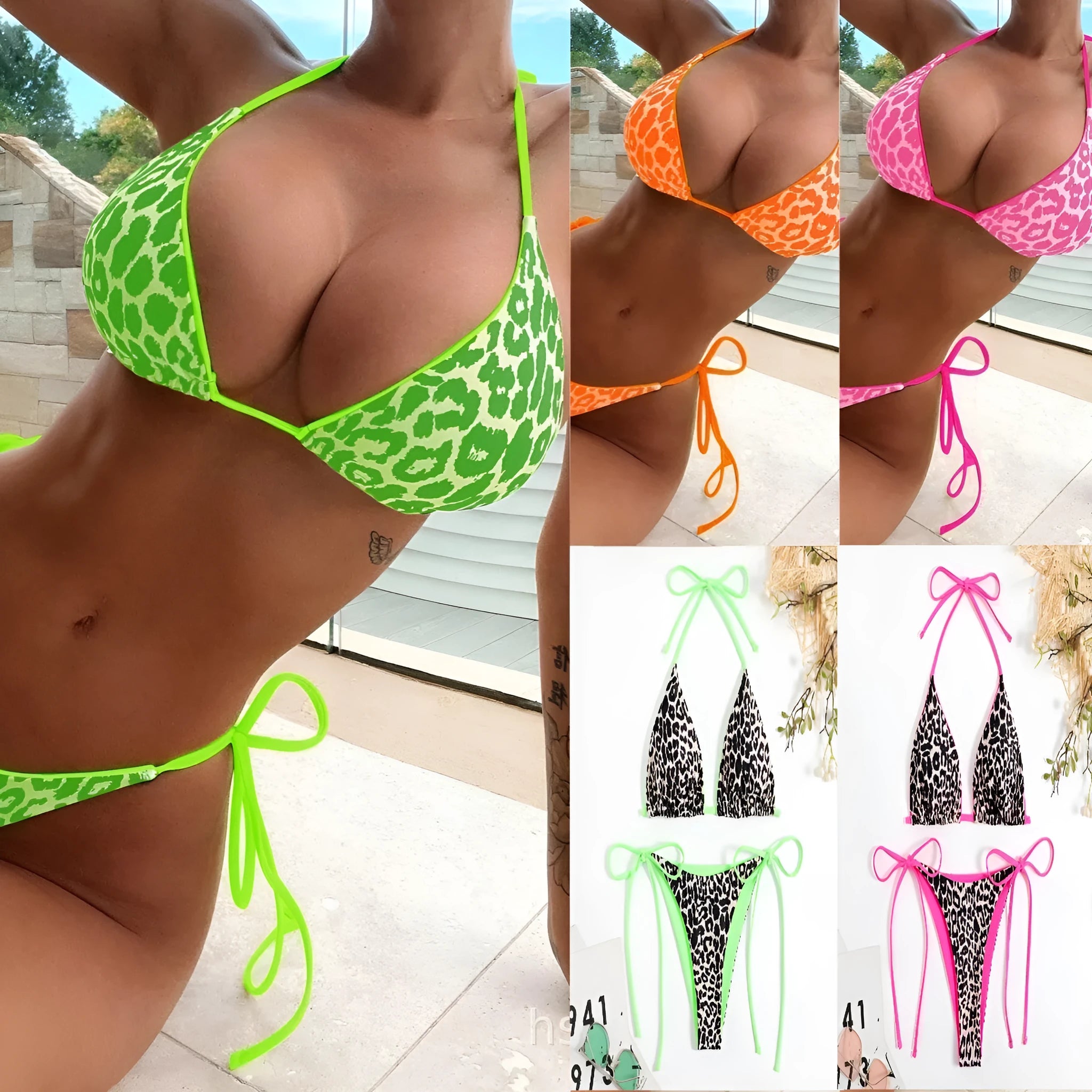 Women's lace-up front triangle bikini and split bottom in a colour style, laid flat.