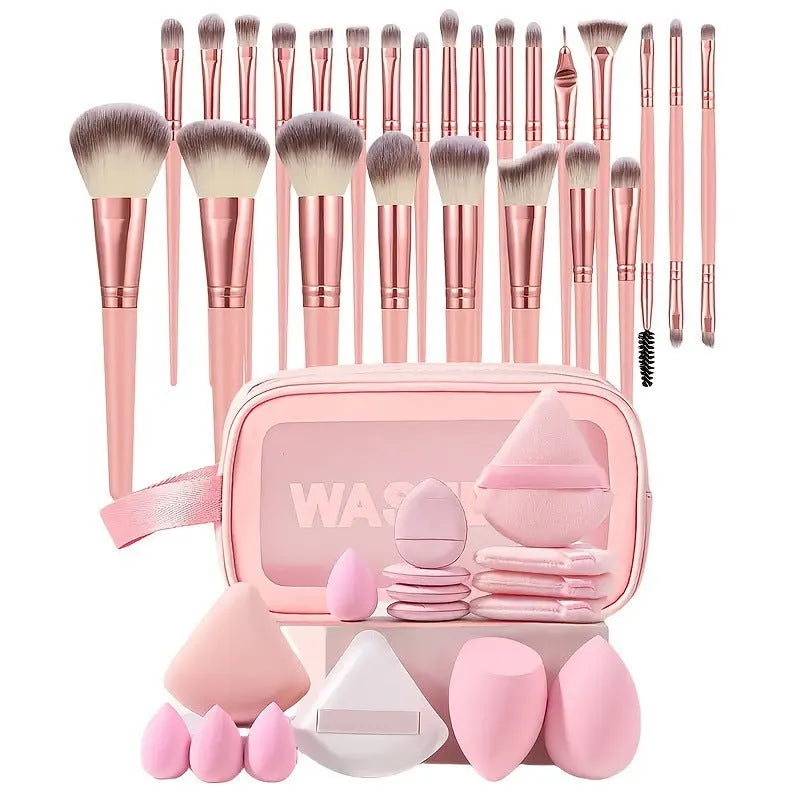 Beauty tool combination set with multiple pieces in pink, brown and purple colours for face wash and makeup application