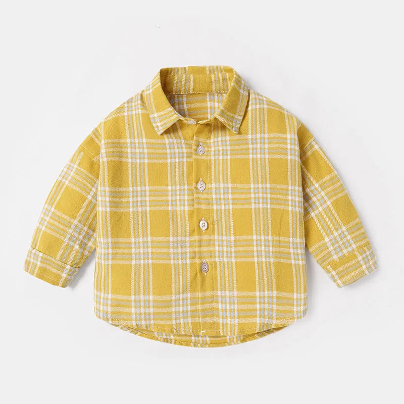 Boys' cotton lattice shirt with animal cartoon pattern in light blue, showing long sleeves and casual style.