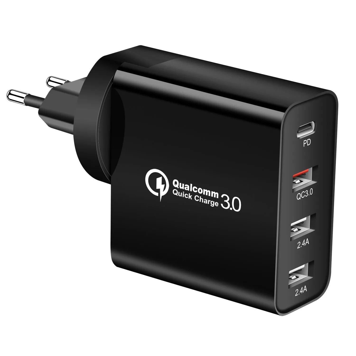 Black four-port USB-C wall charger with UK plug adapter and international travel plugs
